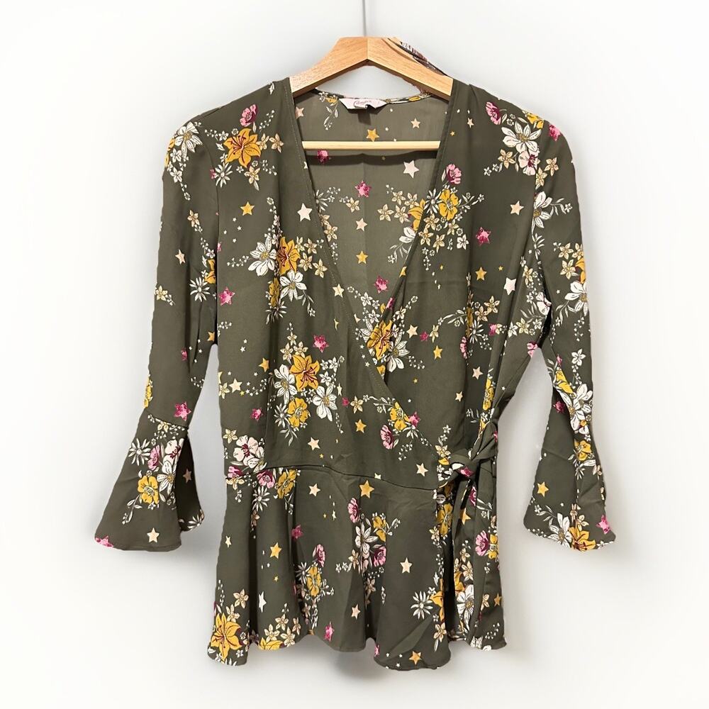 CANDIES floral wrap front tie waist peplum bell sleeve top Y2K Cottagecore